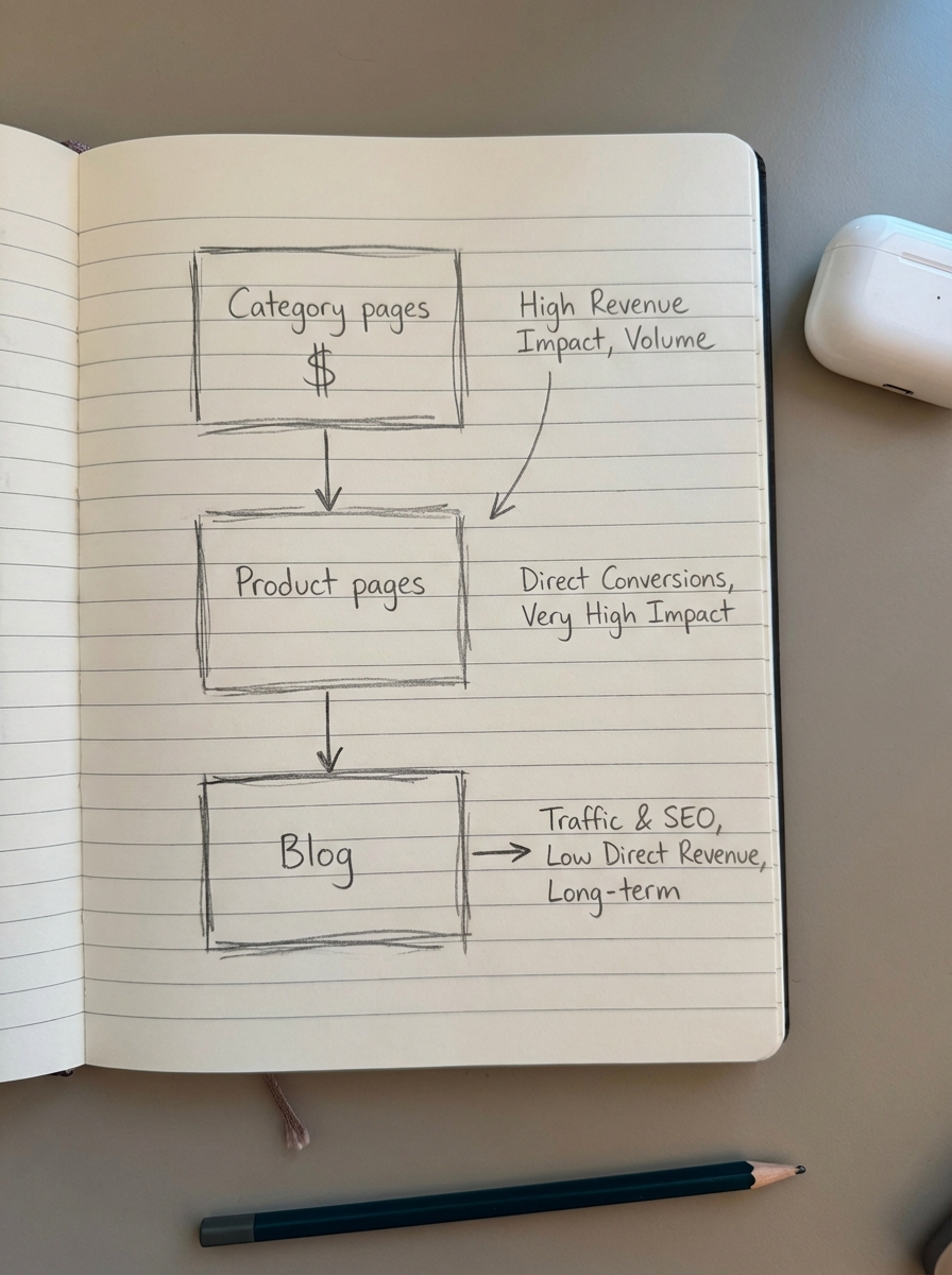 Simple pencil notebook sketch showing category pages, product pages, and blog with arrows and notes about revenue impact and traffic for SEO reporting.