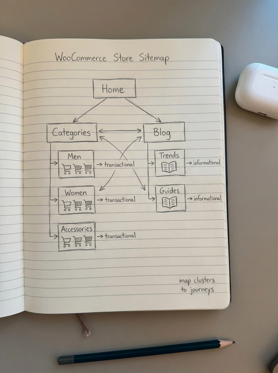Simple pencil notebook drawing of a WooCommerce store sitemap with clearly labeled category clusters