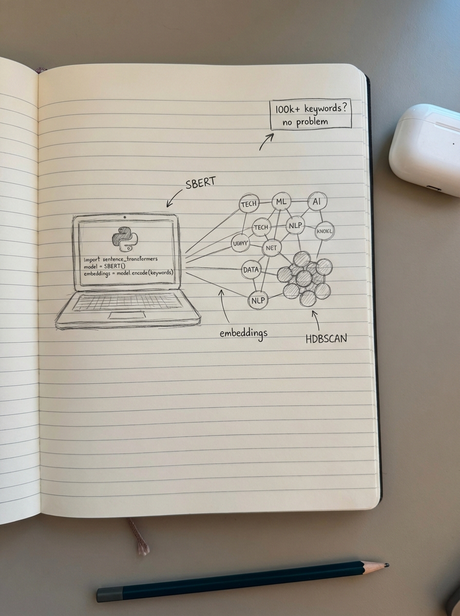 Hand-drawn pencil notebook illustration of a laptop with a Python logo and simple clustering code on screen