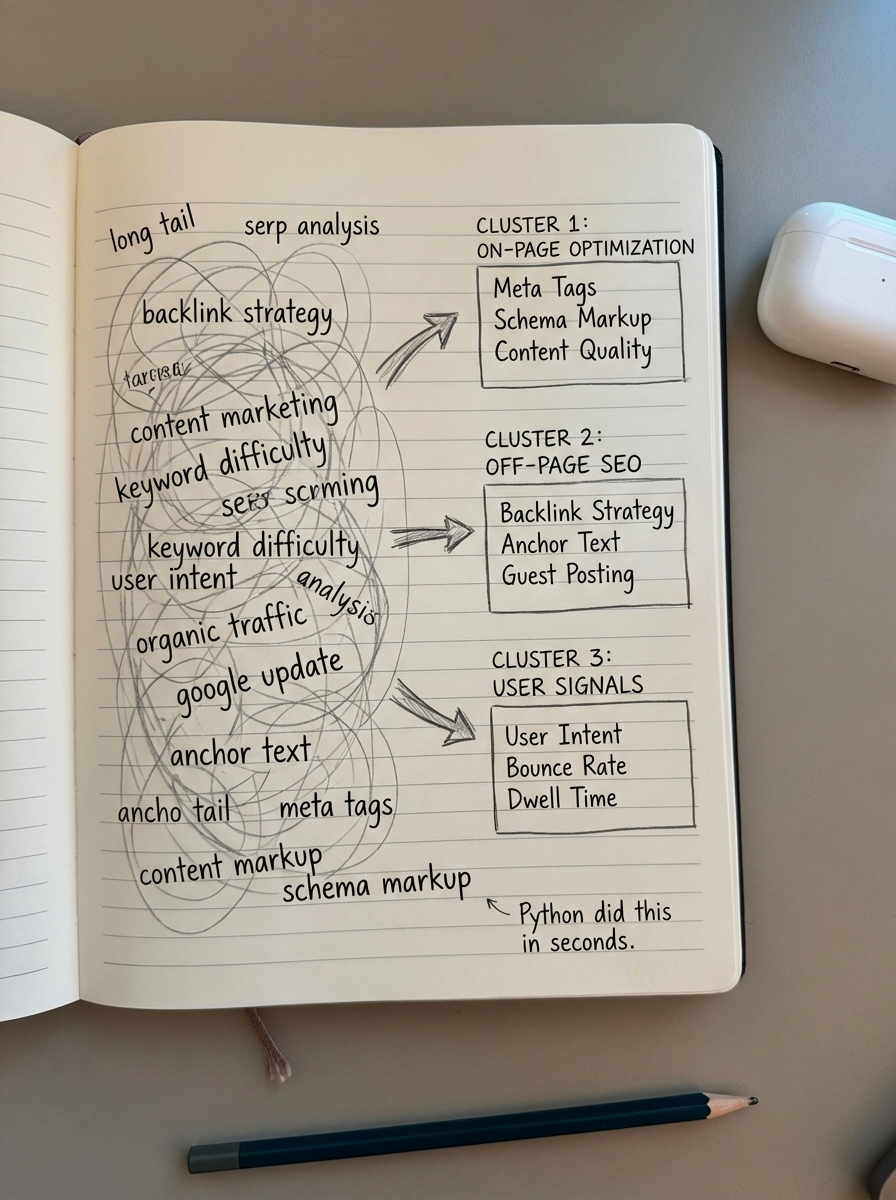 Simple pencil notebook sketch of a huge messy keyword list being grouped into neat semantic clusters