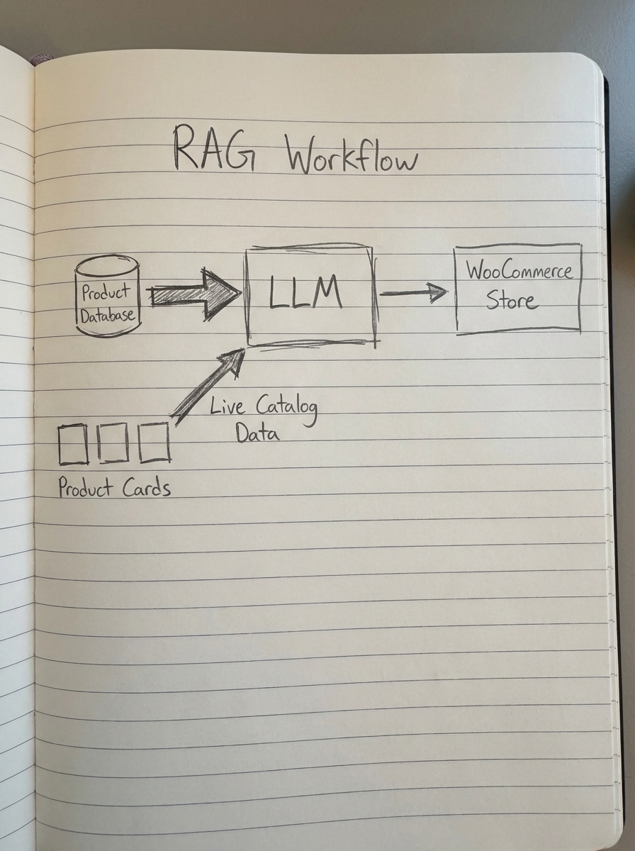 Simple pencil notebook drawing showing a Retrieval-Augmented Generation workflow connecting a WooCommerce catalog to an LLM