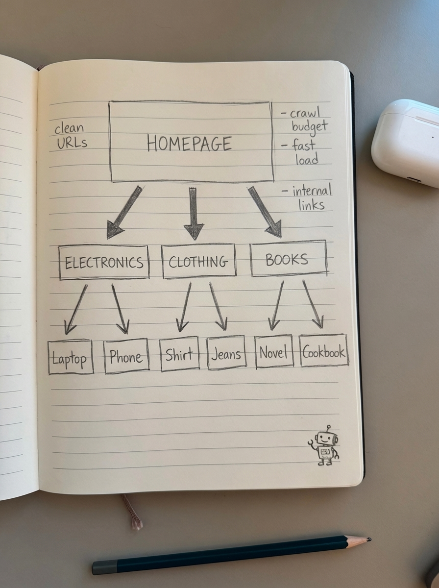Simple pencil notebook drawing of WooCommerce site architecture with homepage, categories, and product pages