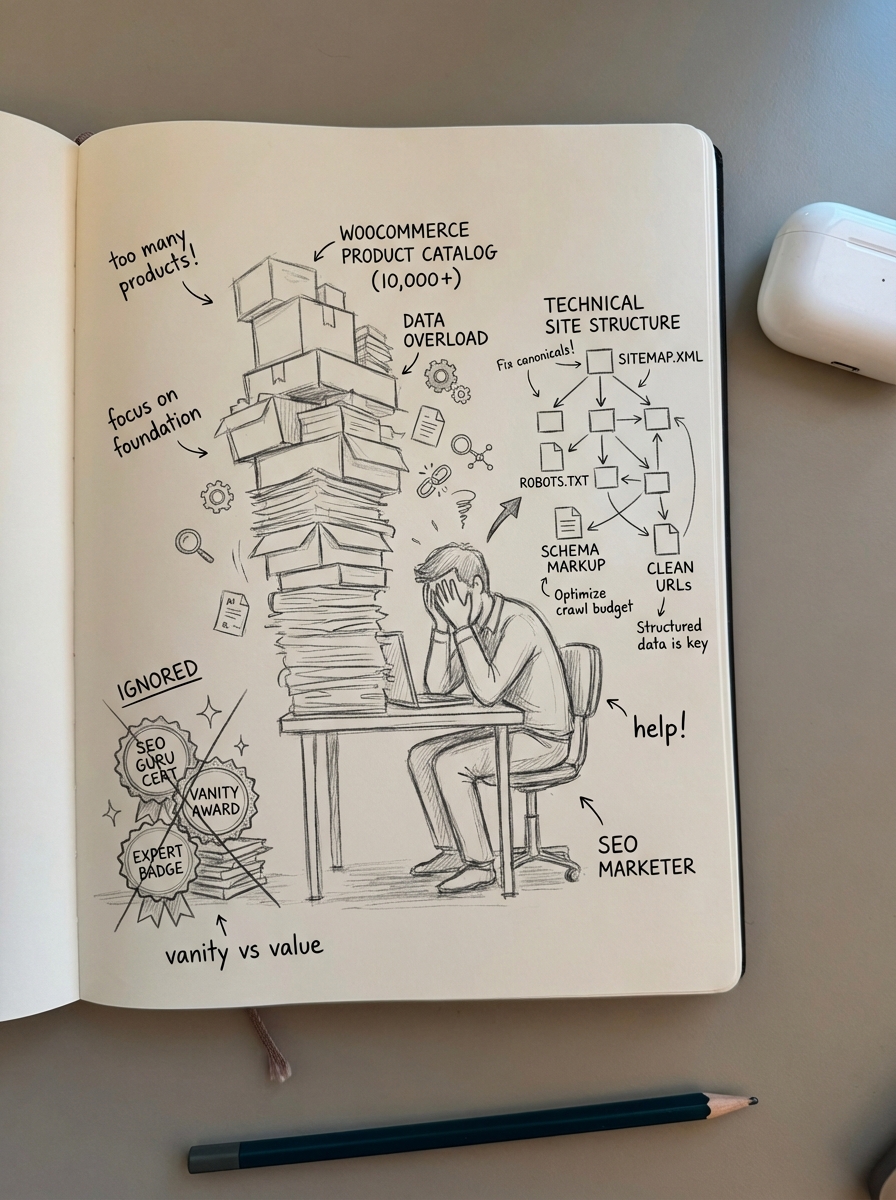Simple pencil notebook drawing of an overwhelmed ecommerce SEO marketer juggling WooCommerce tasks and pointless certifications