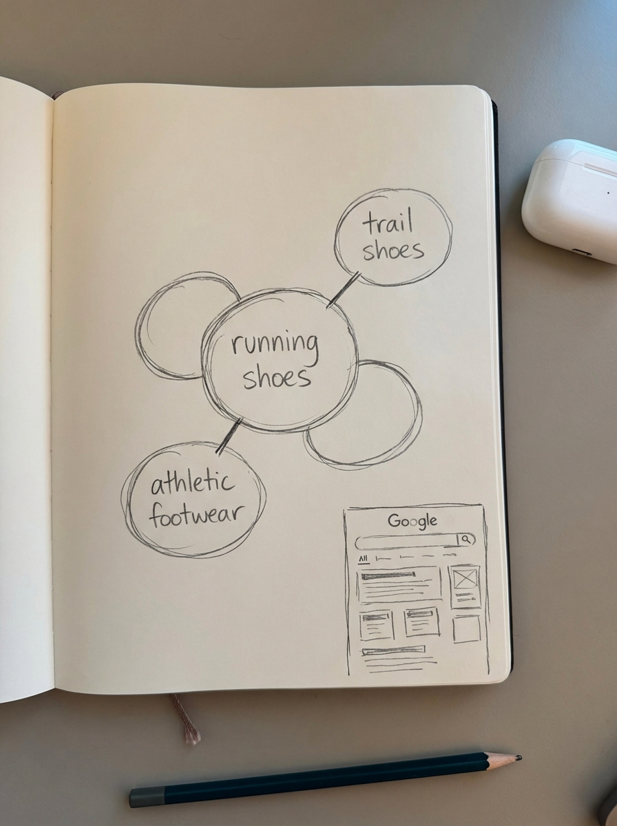 simple pencil notebook drawing of keyword clusters as bubbles around a main ecommerce search term with a small Google results sketch