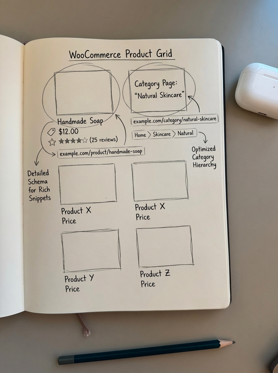 Simple pencil notebook sketch of a WooCommerce product grid with one product highlighted to show keyword mapping focus