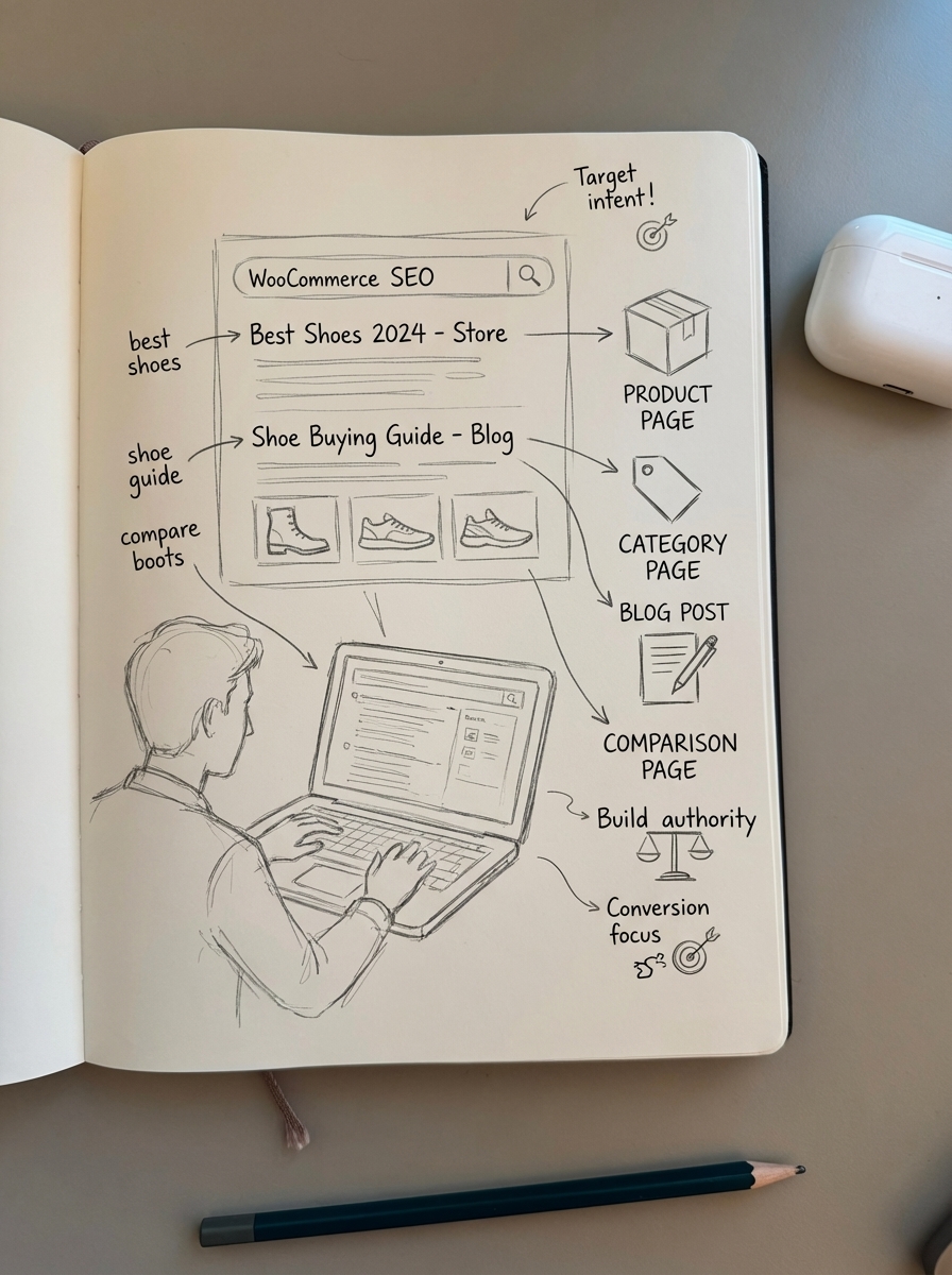 Simple pencil notebook sketch of a WooCommerce store owner looking at a laptop showing traffic that is not converting into sales