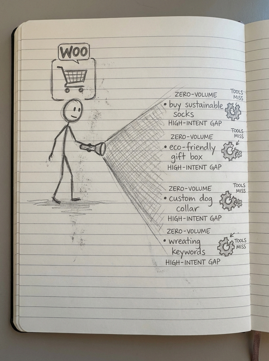 Simple pencil notebook sketch of a WooCommerce store owner shining a flashlight on hidden niche keywords