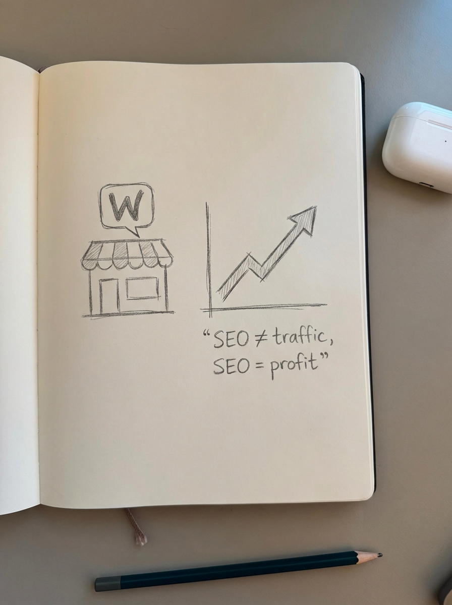 Simple pencil notebook sketch of a WooCommerce storefront icon with an upward profit graph, illustrating SEO-driven revenue growth.
