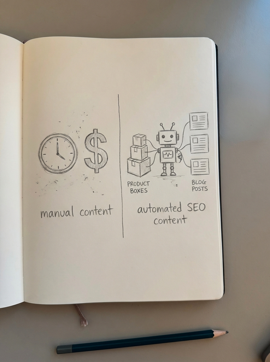 Notebook-style pencil sketch of a split page with a clock on one side and a dollar sign on the other, representing the time lag between SEO efforts and financial ROI.