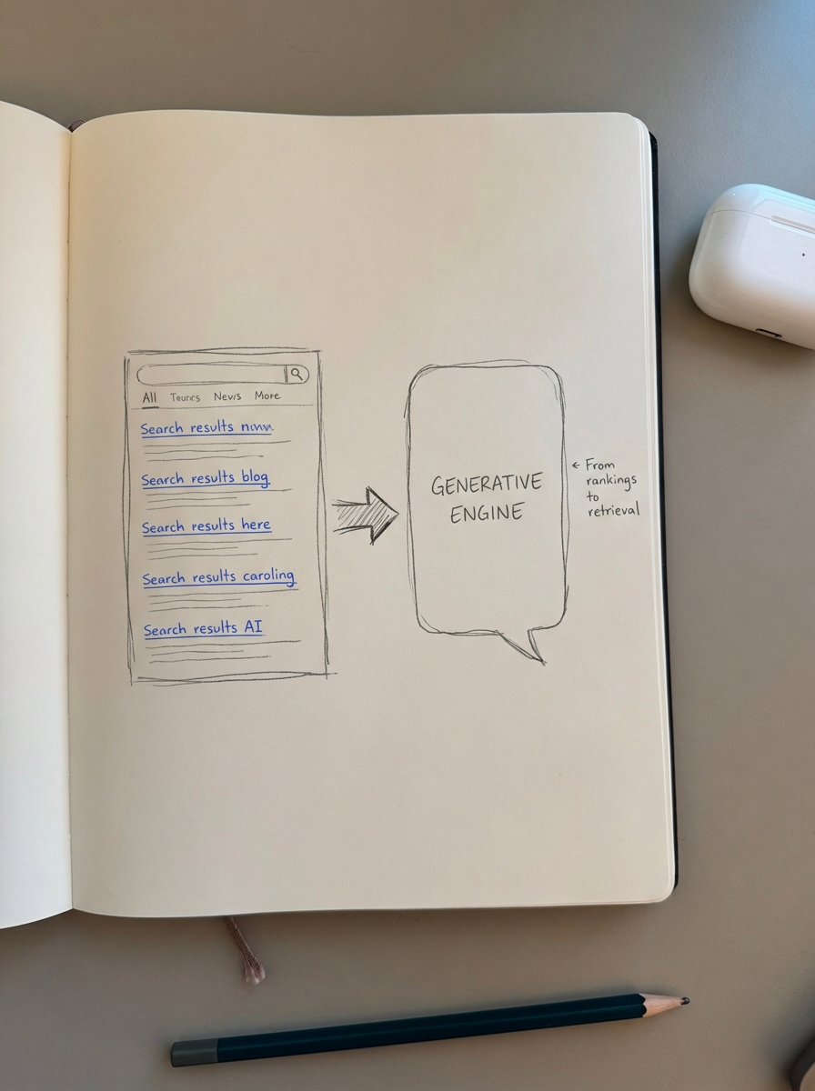 simple pencil notebook sketch contrasting traditional blue-link search results with a generative engine