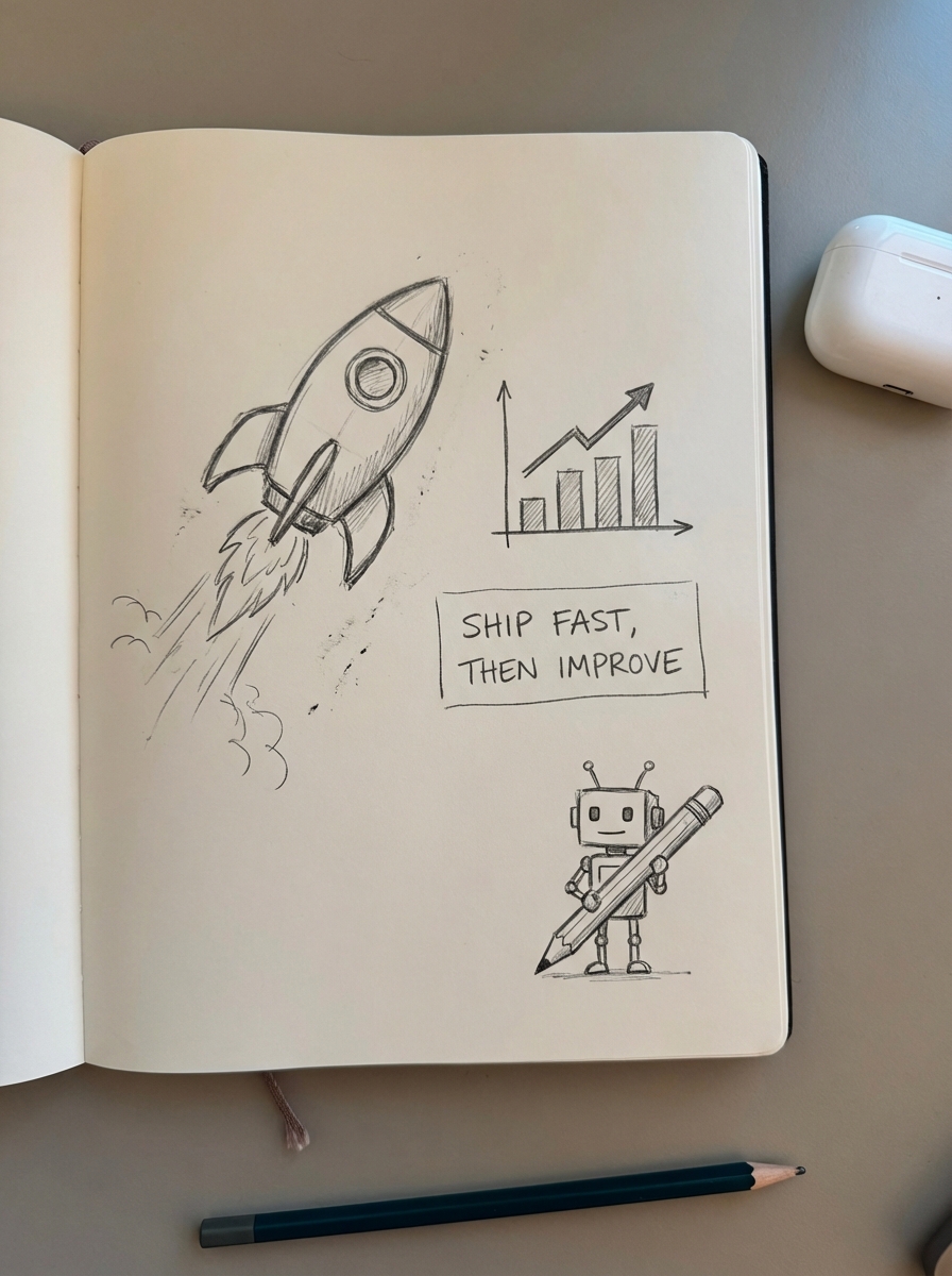 Simple pencil notebook sketch of a rough content MVP page with minimal layout and notes to improve later