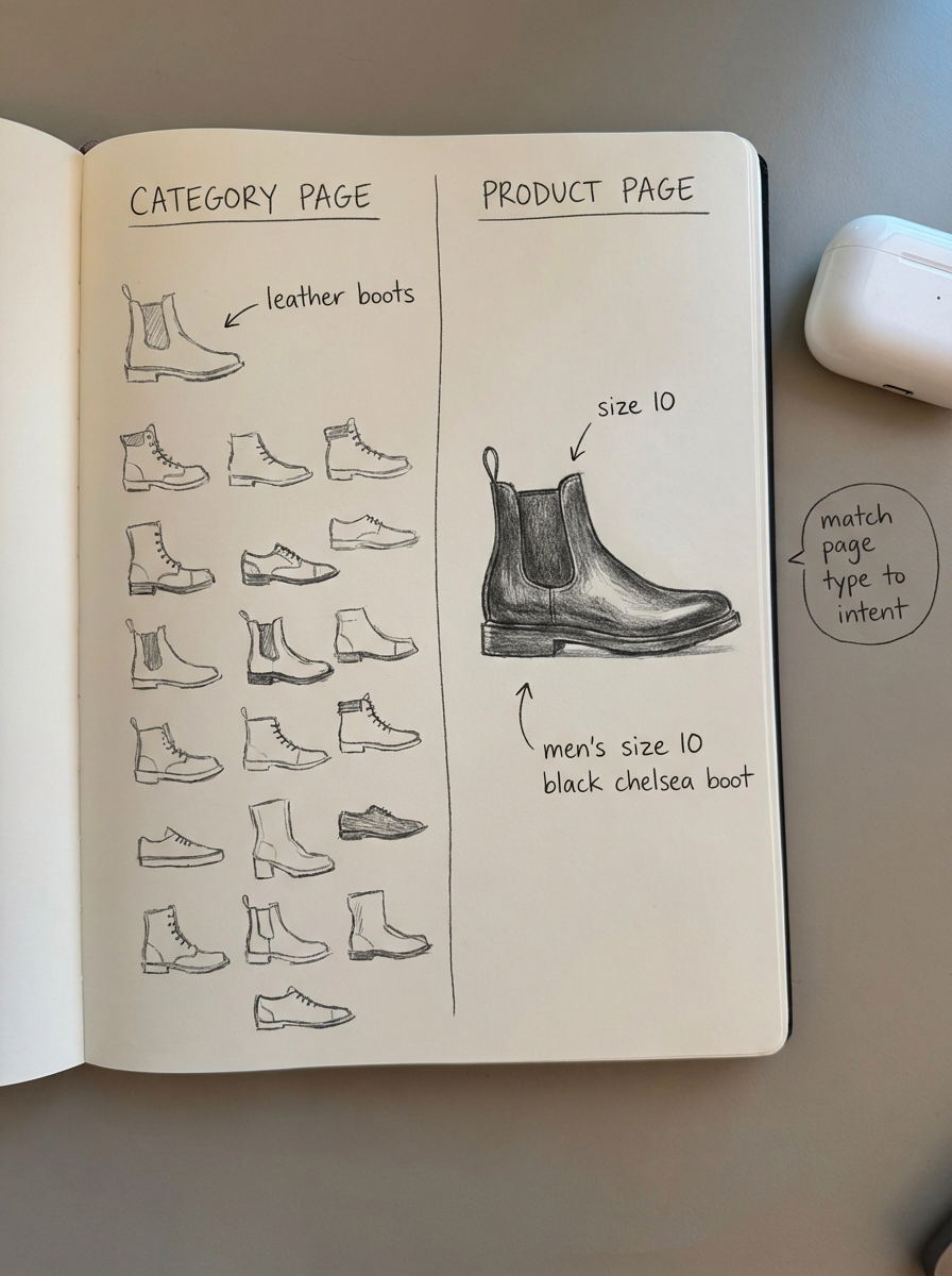 Hand-drawn notebook sketch with two columns comparing category page keywords vs product page keywords