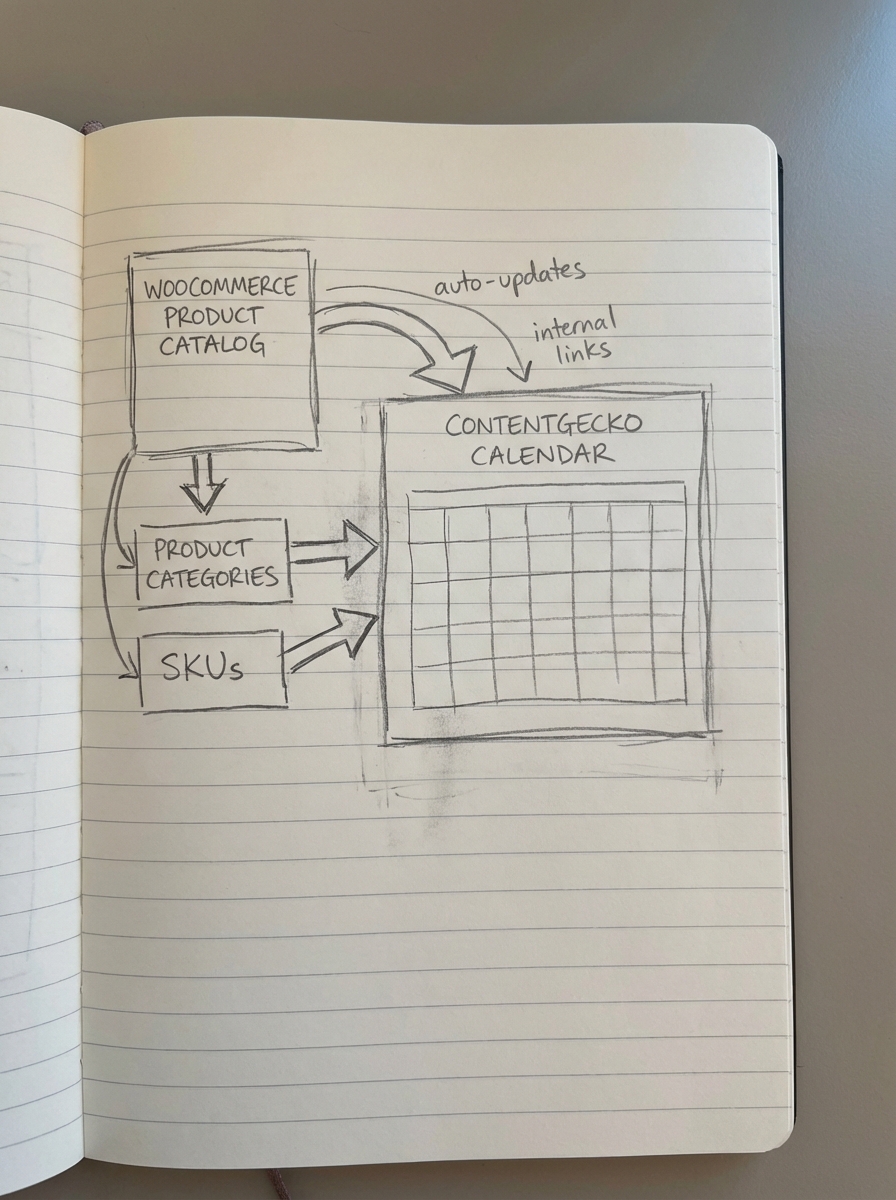 Hand-drawn notebook diagram showing WooCommerce product catalog feeding categories and SKUs into a ContentGecko editorial calendar