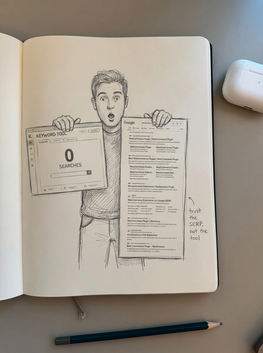 hand-drawn notebook sketch of a marketer comparing a keyword tool showing zero searches with a busy Google SERP, captioned trust the SERP not the tool