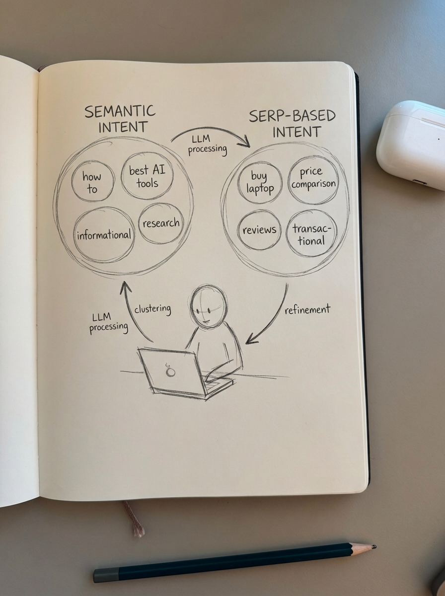 Hand-drawn pencil sketch of a person using a laptop to cluster keywords into groups