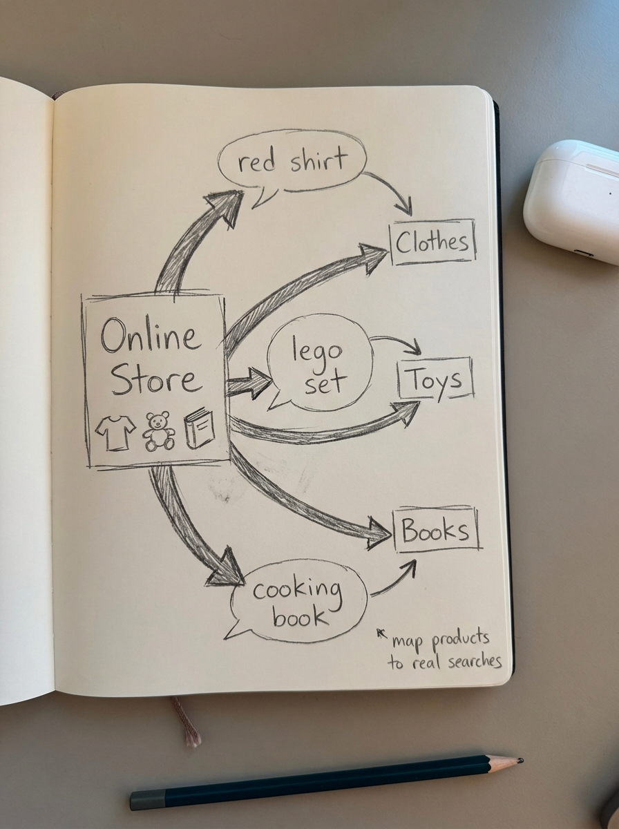 Simple pencil notebook sketch of an online store sitemap connected to customer keyword phrases