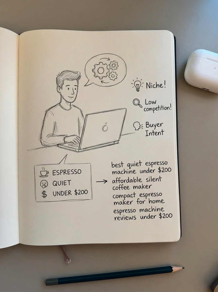Simple pencil notebook sketch of an overwhelmed marketer looking at generic keyword tools, with side notes about missing product context.