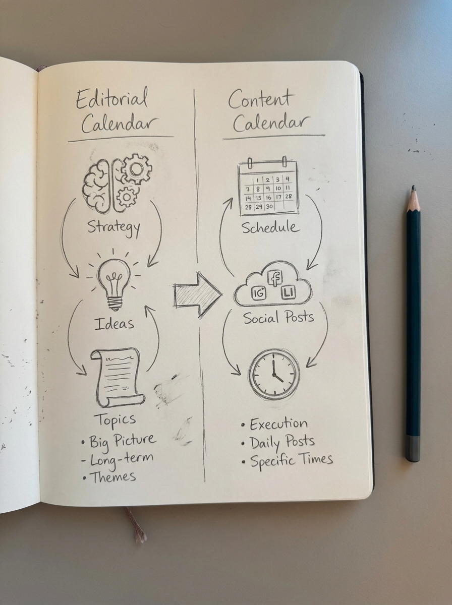Notebook pencil sketch comparing editorial calendar strategy vs content calendar schedule for WooCommerce marketing