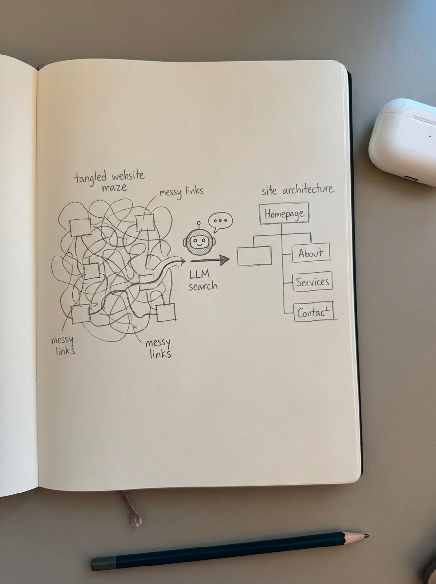 Hand-drawn notebook sketch of a tangled website maze versus clear site architecture for LLM search
