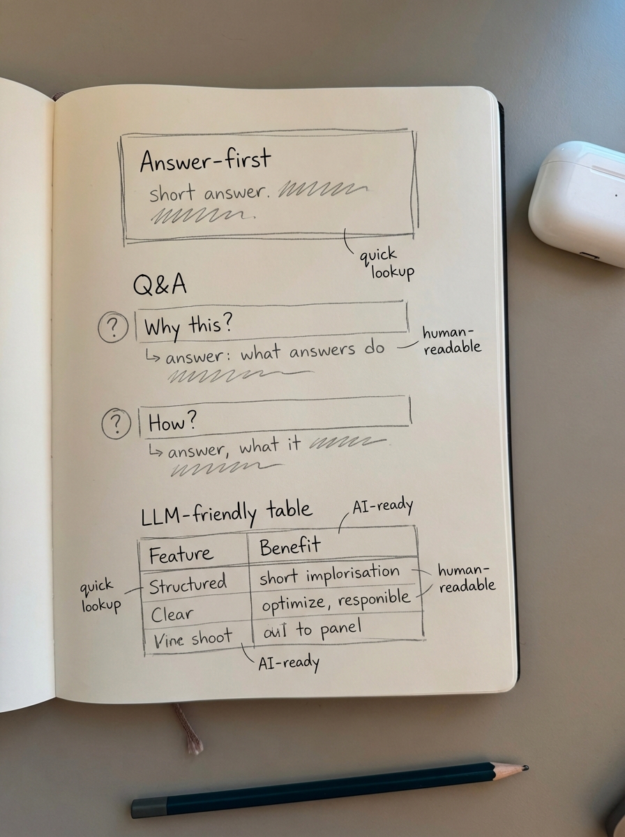 Hand-drawn notebook sketch of an answer-first web page layout with Q&A blocks and an LLM-friendly comparison table