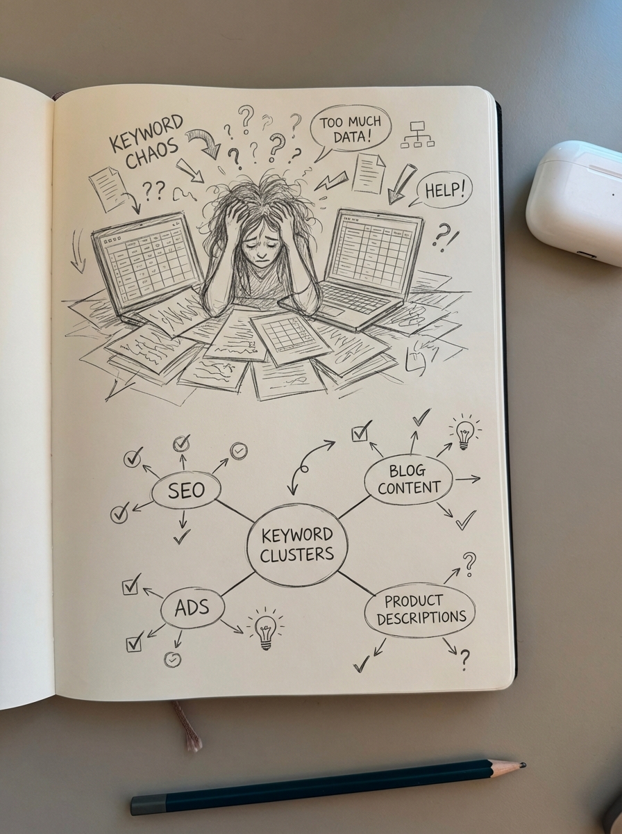 Notebook-style pencil sketch of an overwhelmed ecommerce store owner buried in keyword spreadsheets before using keyword clustering
