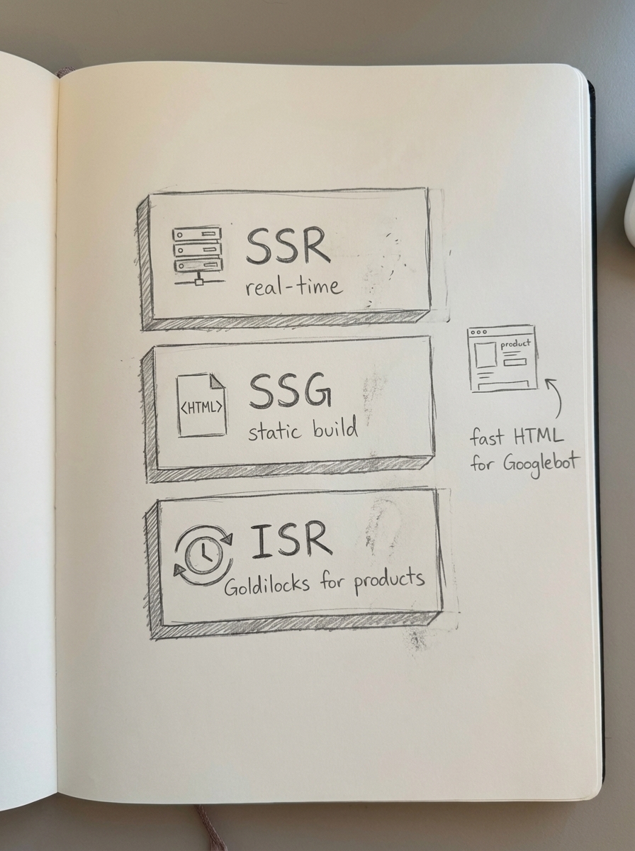 Hand-drawn notebook diagram comparing SSR, SSG, and ISR tradeoffs for WooCommerce SEO