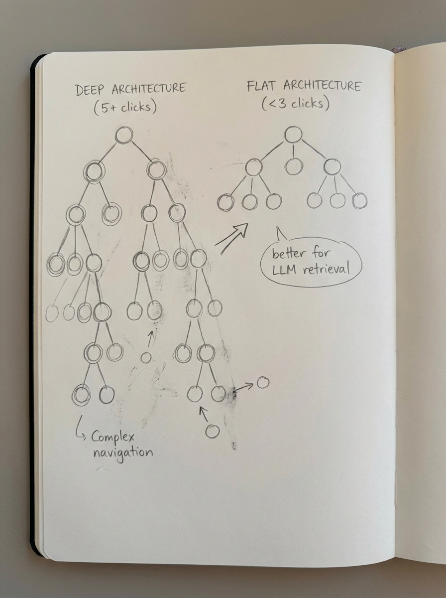 Hand-drawn notebook sketch comparing deep site architecture with flat architecture optimized for LLM retrieval
