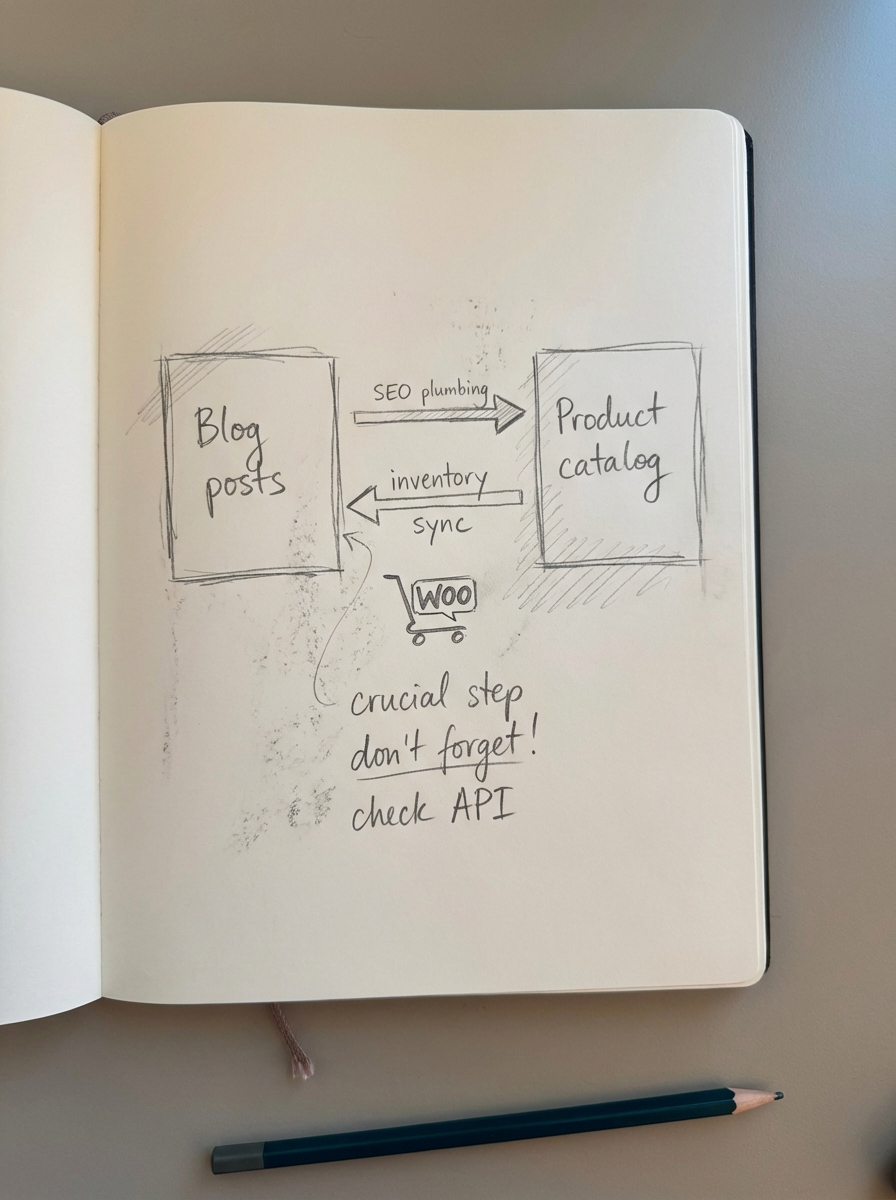 Simple pencil notebook sketch illustrating a WooCommerce content workflow with catalog-aware automation.