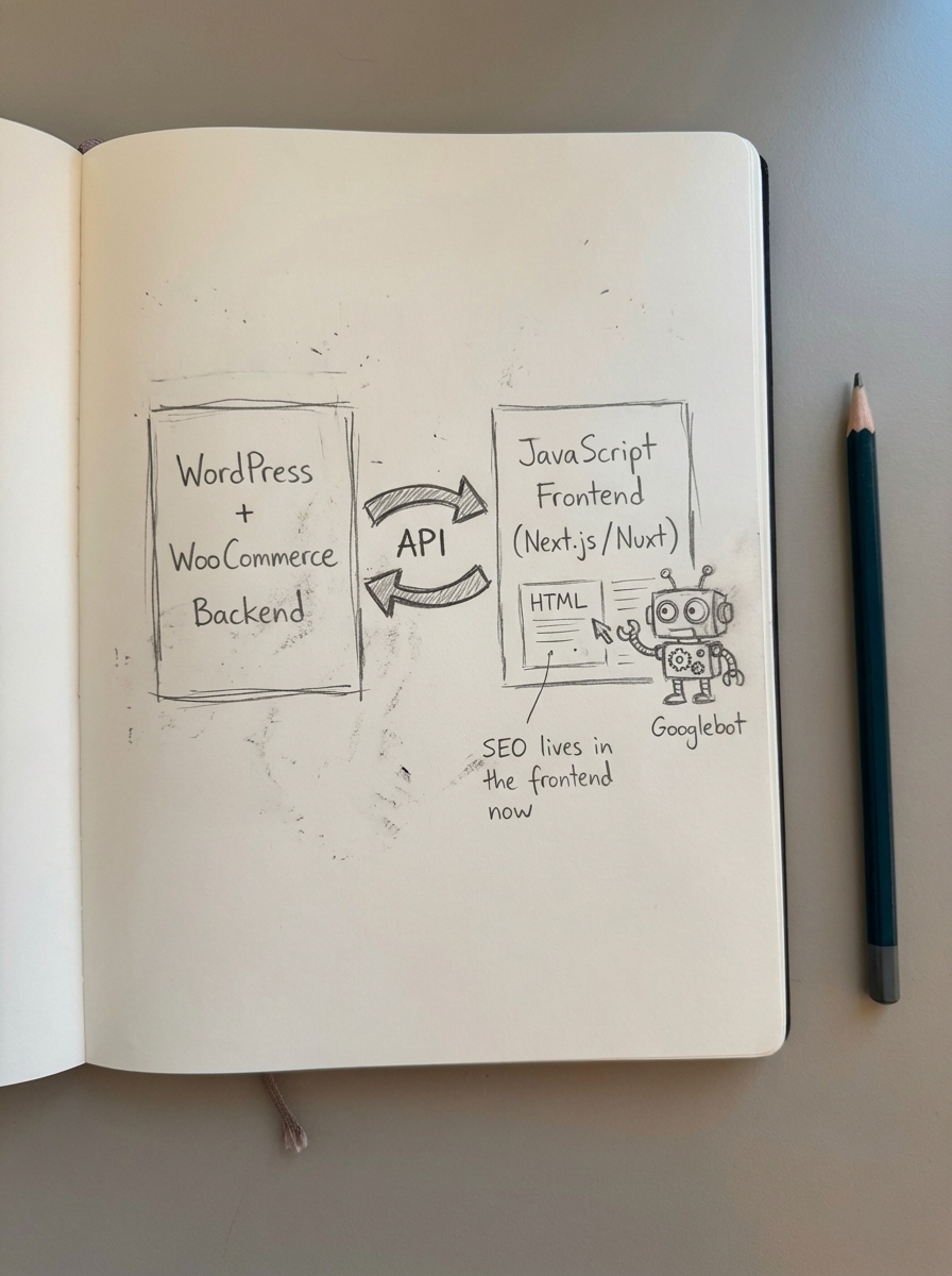 Simple pencil notebook sketch illustrating a headless WooCommerce setup and its SEO risks and benefits