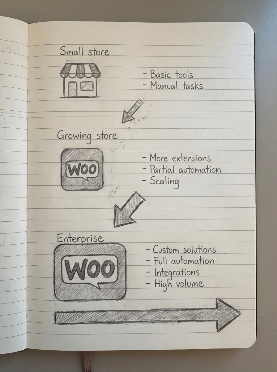 Notebook pencil sketch showing progression from small to growing to enterprise WooCommerce stores with increasing automation