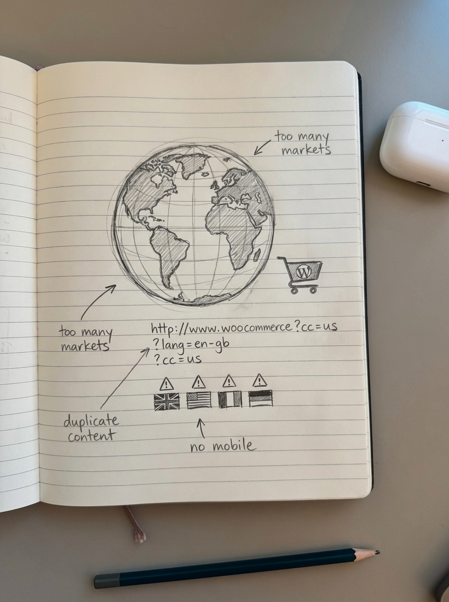 Simple pencil notebook sketch showing a globe and warning icons representing common international WooCommerce SEO pitfalls