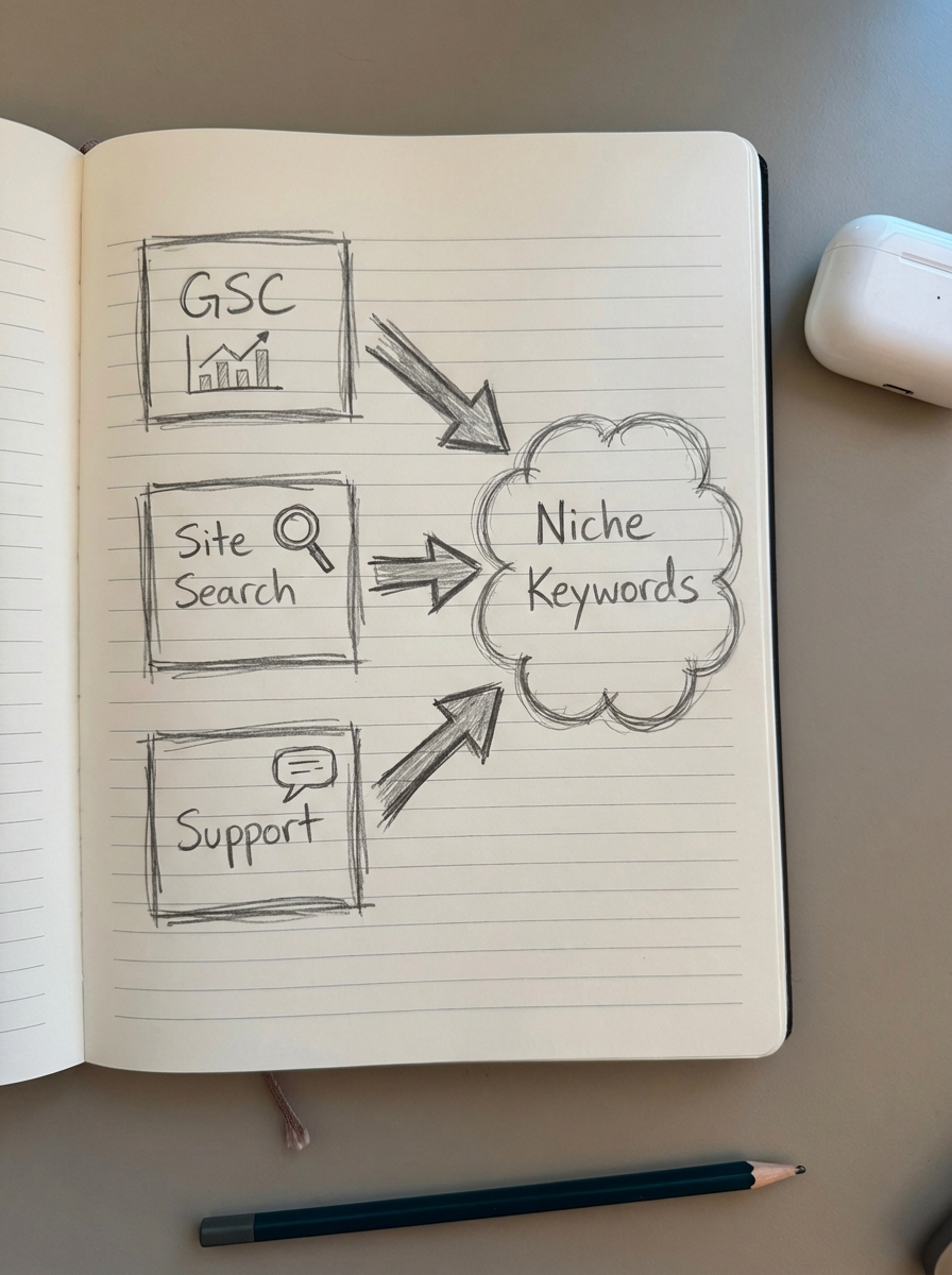 Hand-drawn notebook diagram of WooCommerce data sources like GSC, site search and support tickets feeding keyword ideas