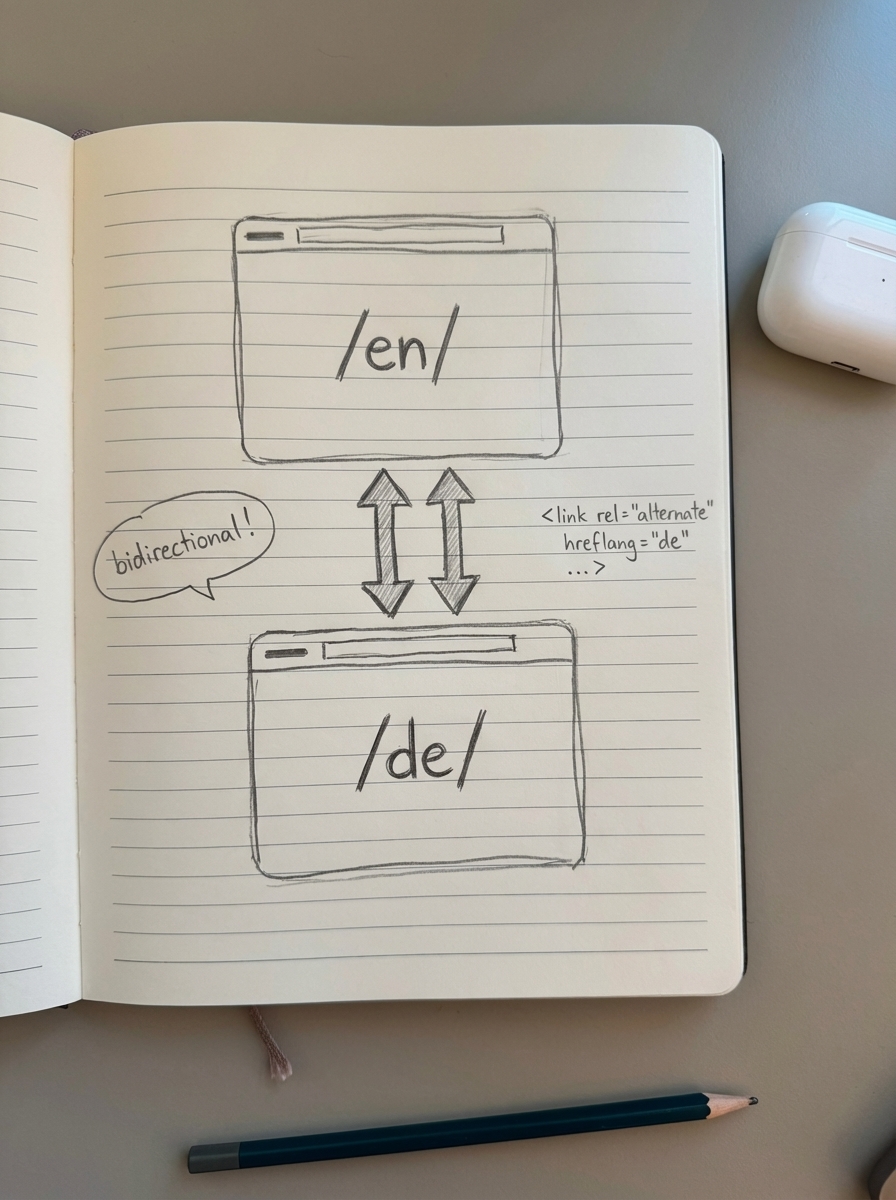 Simple pencil notebook sketch illustrating hreflang setup with arrows between language versions of a WooCommerce product page