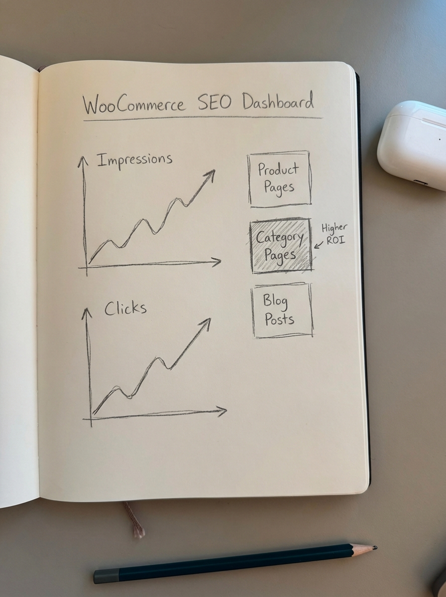 Simple pencil notebook sketch of a WooCommerce SEO dashboard showing impressions, clicks, and higher ROI from category pages