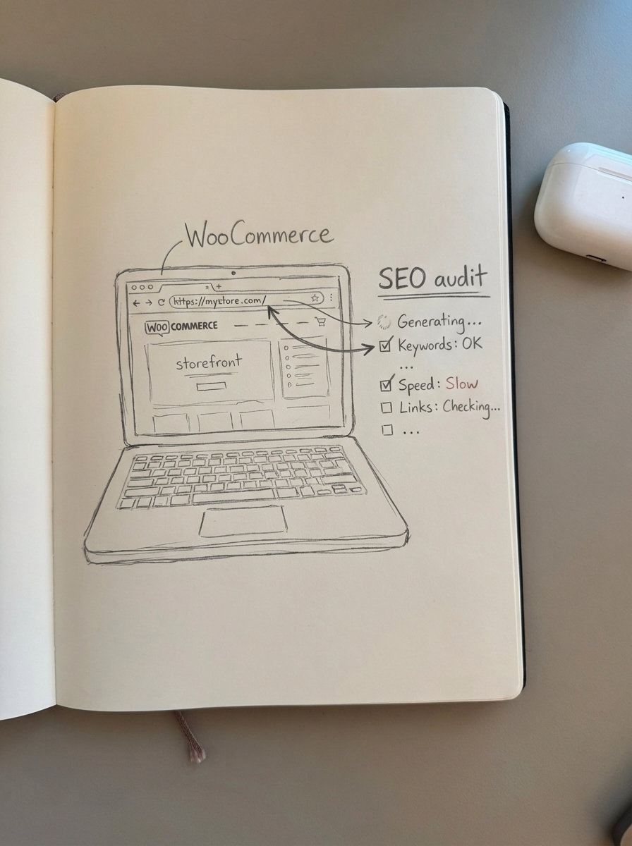 Simple pencil notebook sketch of a WooCommerce storefront audit running on a laptop screen