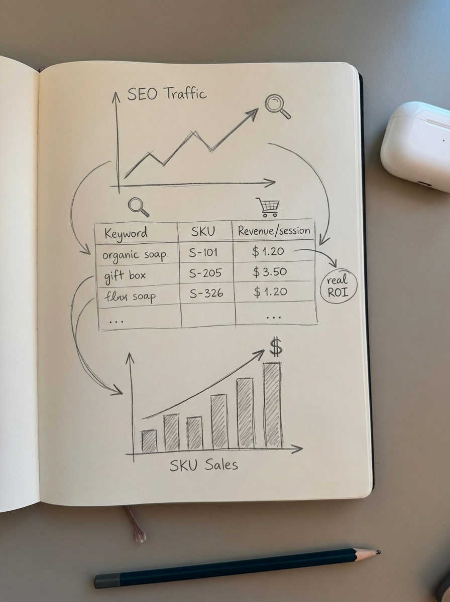 Simple pencil notebook sketch of an ecommerce analytics dashboard connecting SEO metrics to SKU revenue
