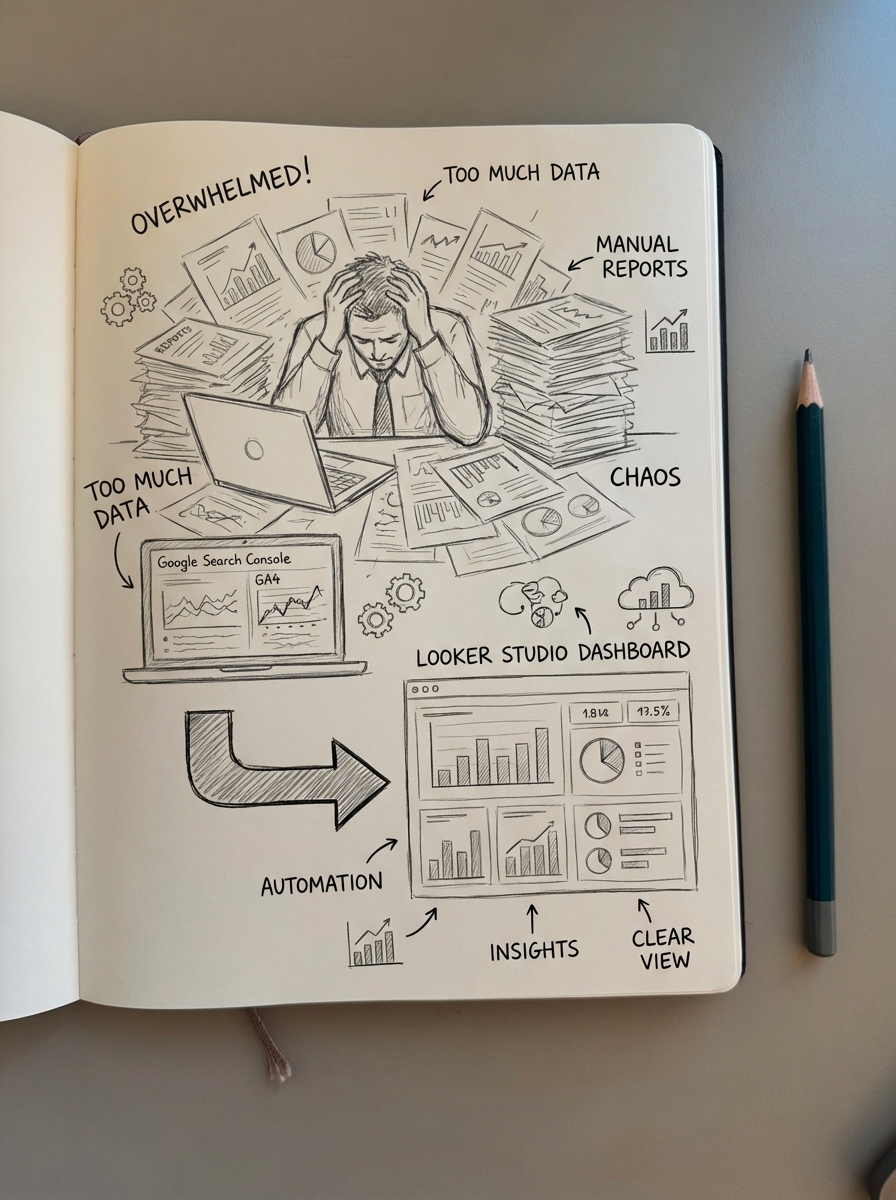 Simple pencil notebook sketch of an overwhelmed ecommerce marketer surrounded by messy SEO reports and dashboards