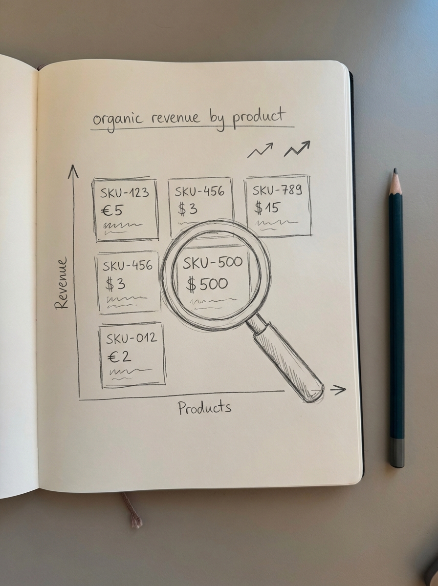 Simple pencil notebook sketch showing product cards with SKUs and different revenue amounts under the heading organic revenue by product.