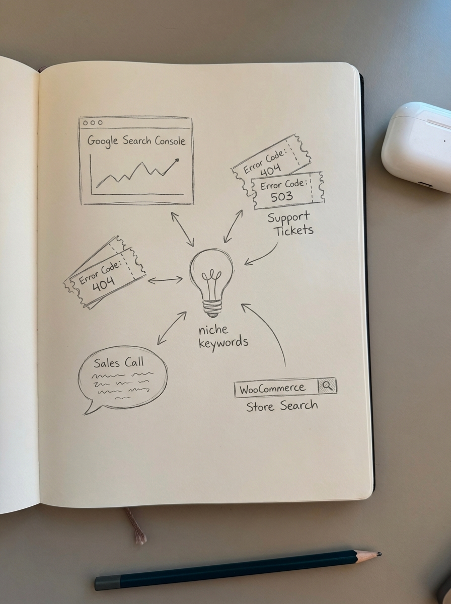 simple pencil notebook illustration of first-party data sources like Google Search Console, support tickets, sales calls, and WooCommerce store search feeding into niche keyword ideas