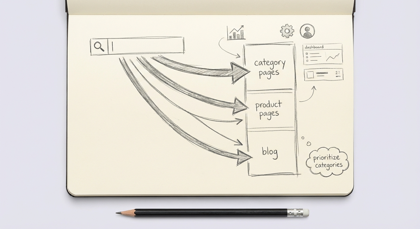 Simple pencil notebook sketch of three stacked columns labeled category pages, product pages, and blog, with arrows from a search bar and a note to prioritize categories.