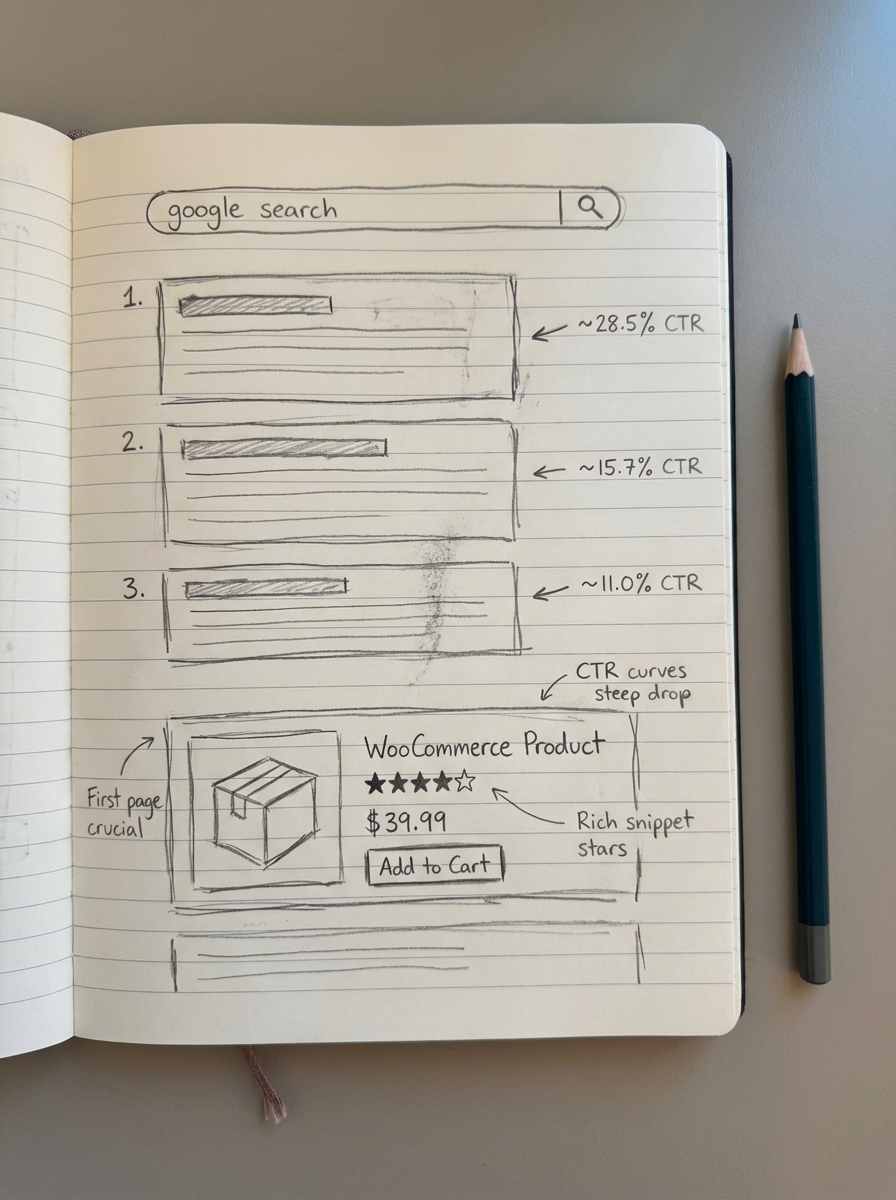Pencil notebook drawing of Google search results showing positions 1–3 with different CTR percentages and a WooCommerce rich result.