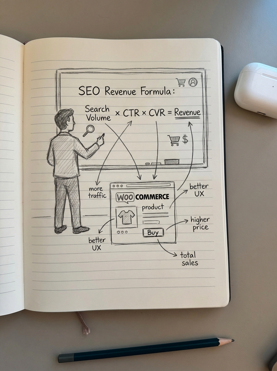 Simple pencil notebook sketch of a marketer at a whiteboard explaining the SEO revenue formula for a WooCommerce store.