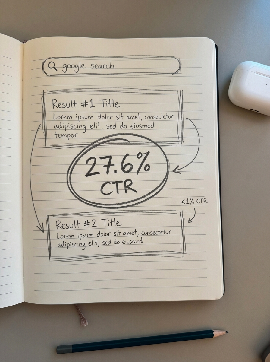 simple pencil notebook sketch on lined paper of a Google search results page highlighting the top organic position CTR gap