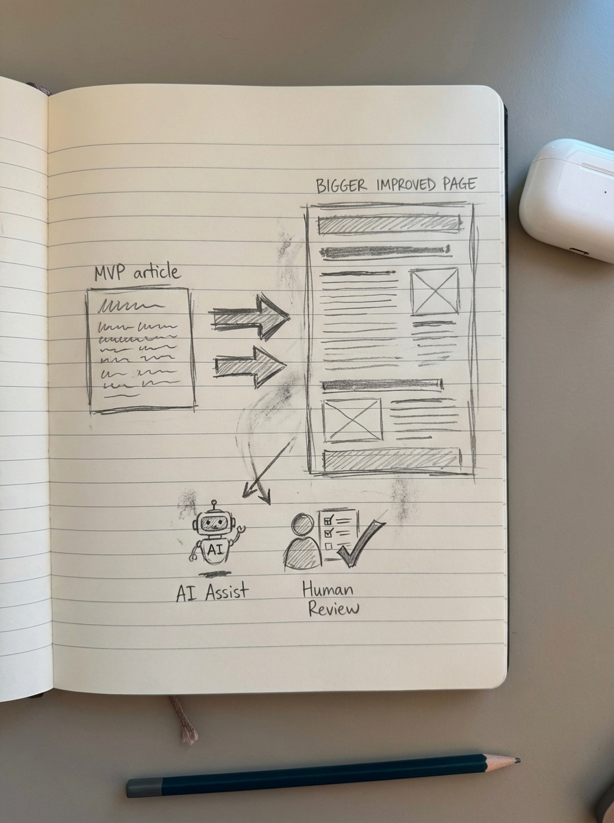 Notebook sketch showing a small MVP article evolving into a bigger improved page with help from AI assistance and human review.