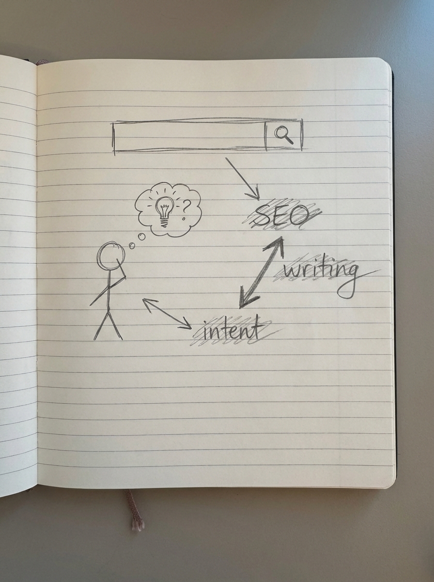 Simple pencil notebook sketch showing a search bar, a thinking user, and arrows connecting SEO writing with search intent.