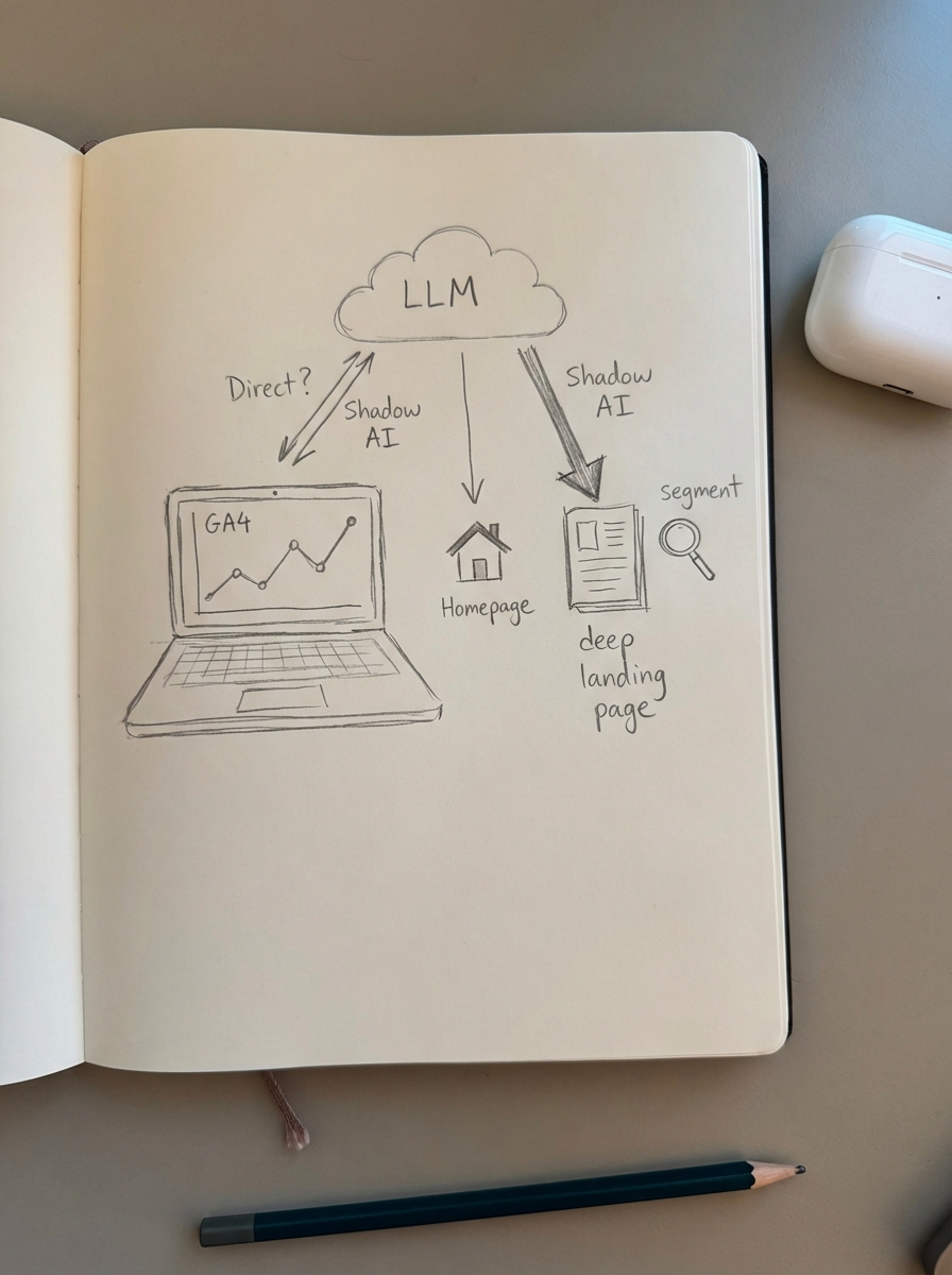 Simple pencil diagram of LLM sending traffic to GA4, homepage, and deep landing pages with Shadow AI segment
