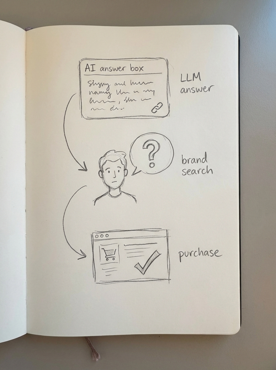 Hand-drawn notebook sketch showing LLM answer leading to brand search and ecommerce purchase