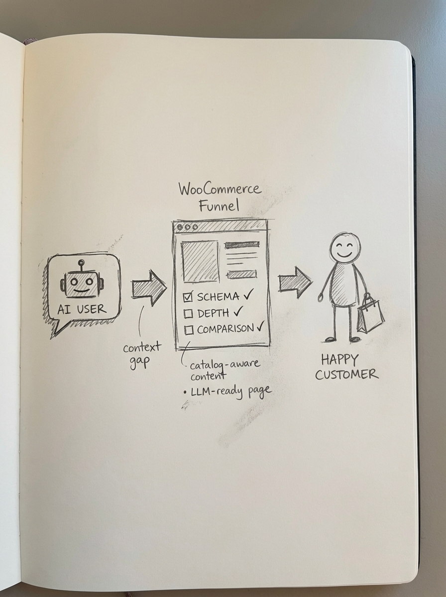 Notebook sketch of WooCommerce funnel showing AI user, optimized product page, and happy customer