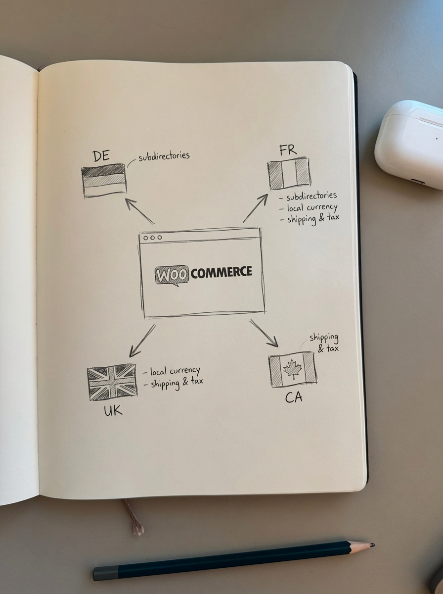 Simple pencil notebook sketch of a WooCommerce store expanding to multiple countries with arrows pointing to different markets