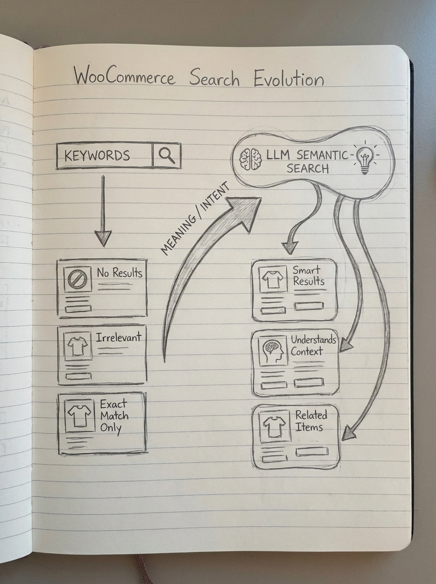 Hand-drawn notebook sketch comparing WooCommerce keyword search with LLM semantic search results